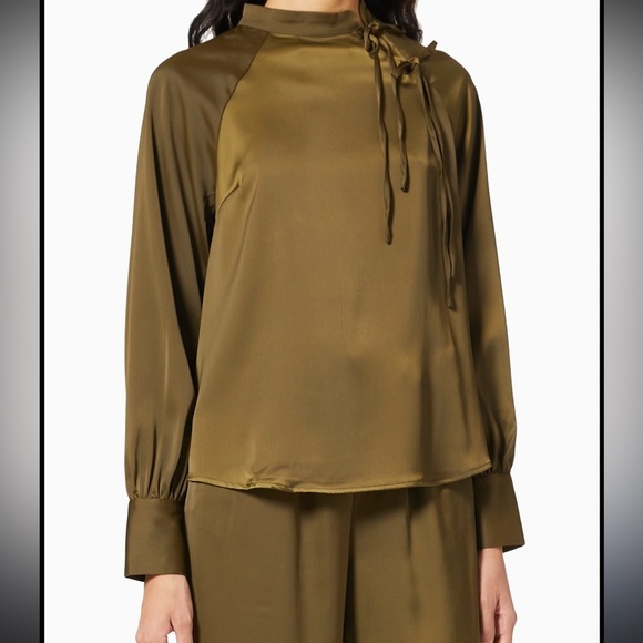 Y.A.S. Tops - Y.A.S Olive Green Satin Top with tie neck accent
